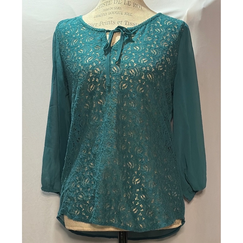 Lucky Brand Teal Green Lace Front Tie Neck Sheer Long Sleeve Blouse Small